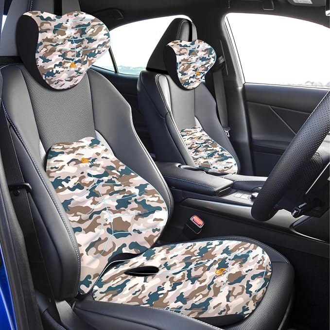NS YOLO Ergonomic Car Seat Cushion with Comfort Memory Foam Neck Pillow, Car Pillow,Lumbar Support and Big Size Soft Seat Cushion for Driving Seat,Office Chair and Wheel Chair (CAMO-3 pcs)