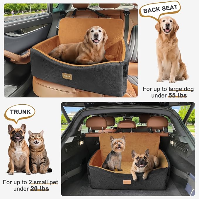 Dog Car Seat for Large Medium Sized Dogs Under 55 lbs, Dog Booster Seat for 2 Small Dogs with Detachable Washable Cover and Cushion, Memory Foam Pet Car Seat with 2 Safety Belts and Storage Pockets