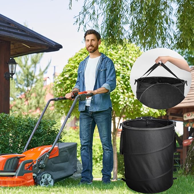 24 Gallons Collapsible Trash Can with Gloves, Camping Trash Can with Lid, Pop Up Garbage Can for Outdoor, Large Capacity Leaf Bags for Yard, Lawn, Reusable Garden Garbage Bag - Black