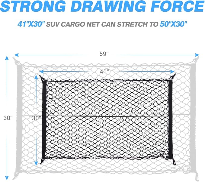 MICTUNING Upgraded 41 x 30 Inch Cargo Net Auto Trunk Rear Cargo Organizer Elastic Mesh Net Holder - Universal Fit for SUV Truck Mini Vans