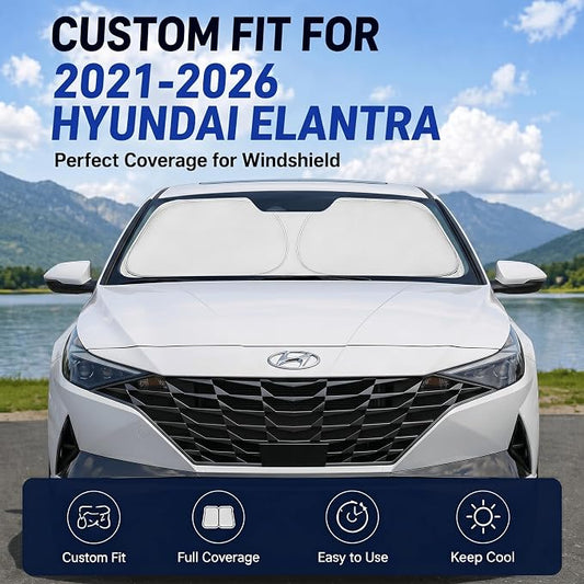 Custom Fit Windshield Sun Shade for Hyundai Elantra 2021-2026 | Custom Fit Windshield Cover, Blocks UV Rays, Double-Layer Heat Shield, Durable Frame, Easy Fold & Storage