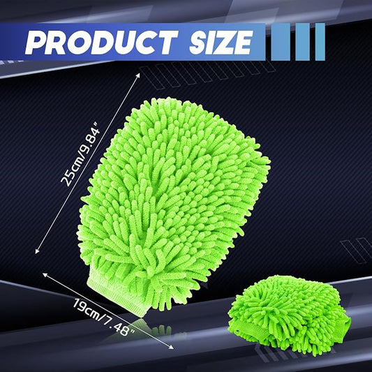 Wuyaoyao 2PCS Car Wash Mitt, 10.14"×7.12" Chenille Microfiber Car Wash Mitts, Scratch-Free & Lint-Free, Absorbent Double Sided Clean Glove for Cars Cleaning, Auto Cleaning Supplies (Fluorescent Green)