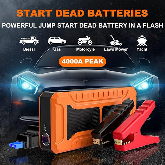 Portable Car Jump Starter, 4000A Peak Battery Charger, 12V Jump Box for Truck up to 10L Diesel, Motorcycle, Dual USB Power Bank, LED Light, Great Battery Jumper for Road Side Emergency Kit for Car