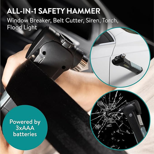 Navaris Safety Tool for Cars - Emergency Car Window Breaker - Emergency Hammer for Cars - With Flashlight and Siren - With Belt Cutter - Escape Safety hammer - Glass Breaker