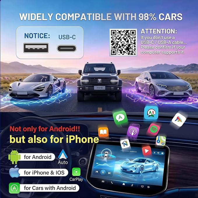 UFO-Shaped Wireless CarPlay Adapter, Plug-and-Play converts Original Wired CarPlay to Wireless. Compatible with iPhone and Android Phones, Equipped with Cool Light Strip, Stable and Durable.