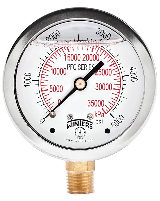 Winters 2-1/2" Dial Size, Liquid Filled Industrial Pressure Gauge, Brass Internals, Stainless Steel Case, Dual Scale 0-5,000 psi/kPa, 1.5% Acc, 1/4" NPT Bottom Mount, Glycerin Filled Pressure Gauge