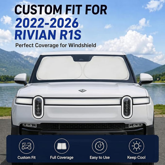Custom Fit Windshield Sun Shade for Rivian R1S / R1T 2022-2026 | Custom Fit Windshield Cover, Blocks UV Rays, Double-Layer Heat Shield, Durable Frame, Easy Fold & Storage