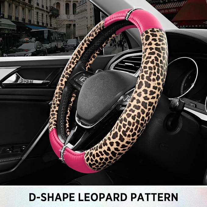 Road Comforts Leopard Steering Wheel Cover for Women, Cute Anti-Slip Microfiber Leather, Fits D Shape Flat Bottom Steering Wheel 14.5-15 Inch - HotPink