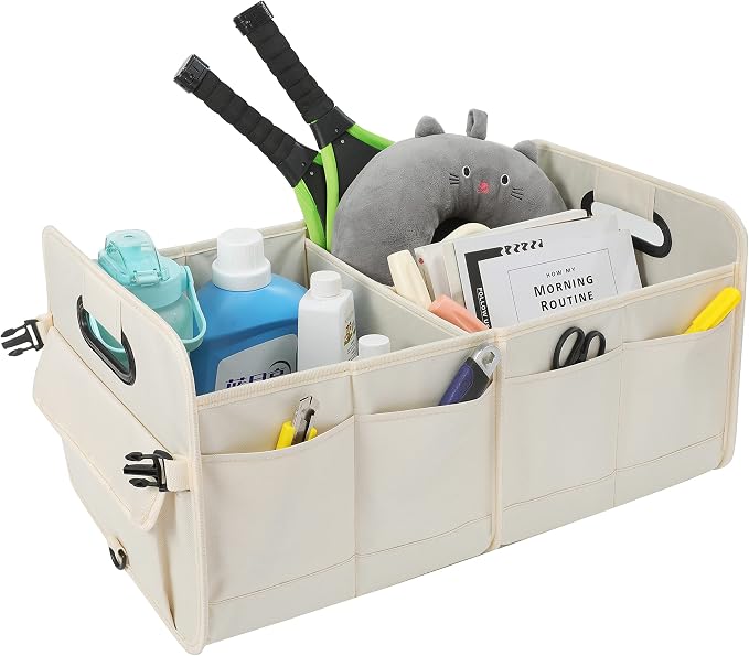AOKJOY Car Trunk Organizer Car Storage Organizer Collapsible Multi Compartment Car Organizer Adjustable Straps for SUV(Beige)