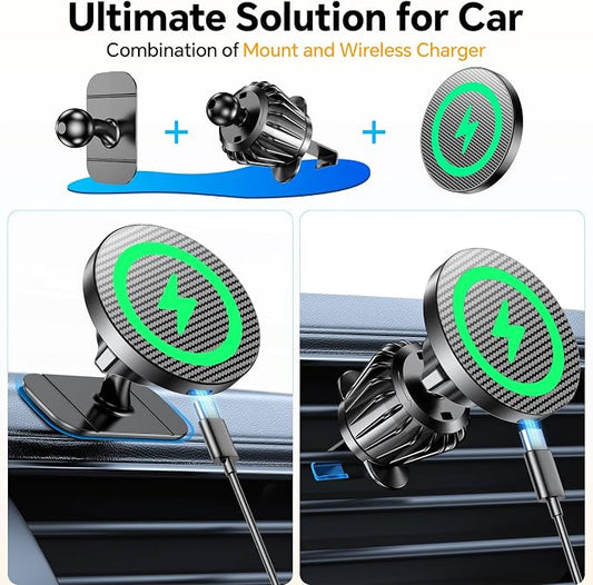 Coolpow for Magsafe Car Mount Charger【100% Stable】15W Magsafe Car Charger Magnetic Phone Holders for Your Car Accessories for Women Men car Phone Holder Wireless Car Charger for iPhone (Carbon Fiber)