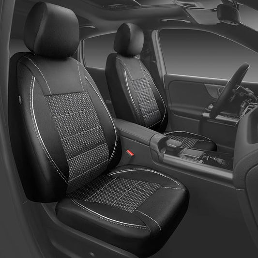 CAR PASS Piping PU Leather Car Seat Cover Full Set, Inside Zipper Design and Reserved Opening Holes, Airbag Compatible,Universal FIT for Car, SUVs,Van,Trucks(Full Set, Black & Silver