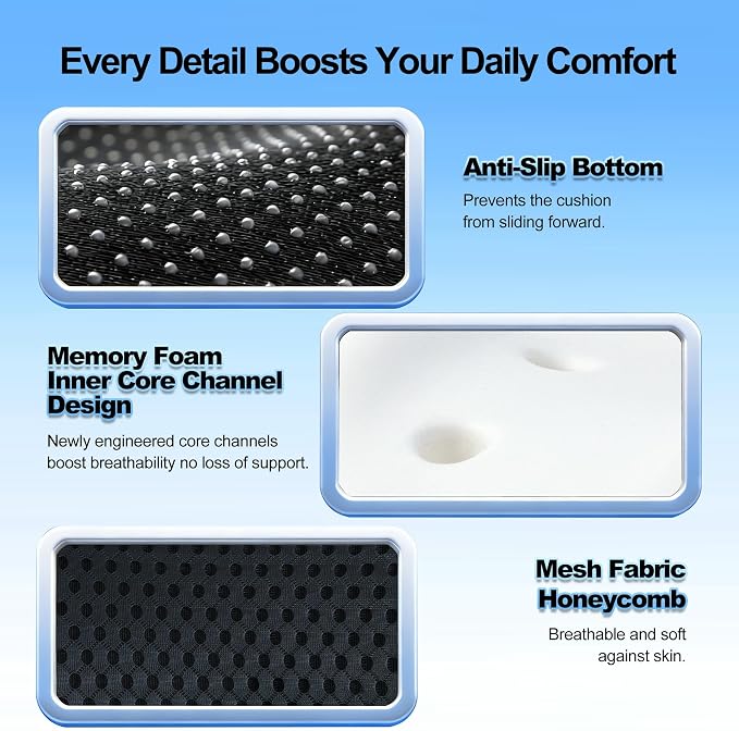 Ergonomic Memory Foam Seat Cushion Hemorrhoid Pillow for Hip Sciatica and Tailbone Pain Relief for Office Chair Car and Home (Black)