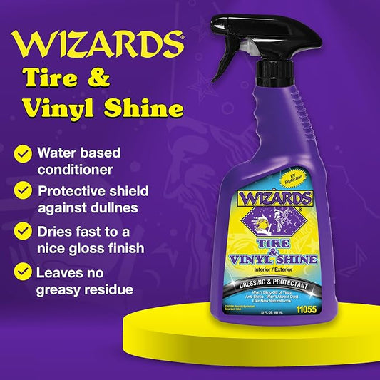 Wizards Tire and Wheel Vinyl Shine - Professional Detailing Spray - Dresses & Protects Tires, Trim, and Wheels - UV Protectant for Rubber, Vinyl, and Matte Surfaces - Automotive Care Spray - 22 oz
