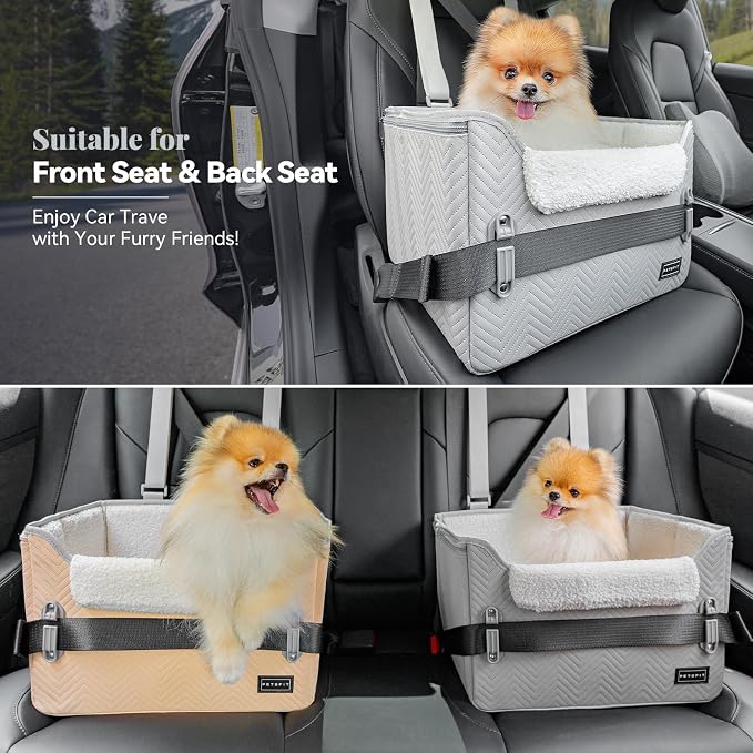 PETSFIT Dog Booster Car Seat, Waterproof PU Leather Dog Car Seats for Small Dogs with Patent Safe Buckles, Clip-On Leash, Pet Car Seat for Small Pets Up to 25lbs (Cool Grey)