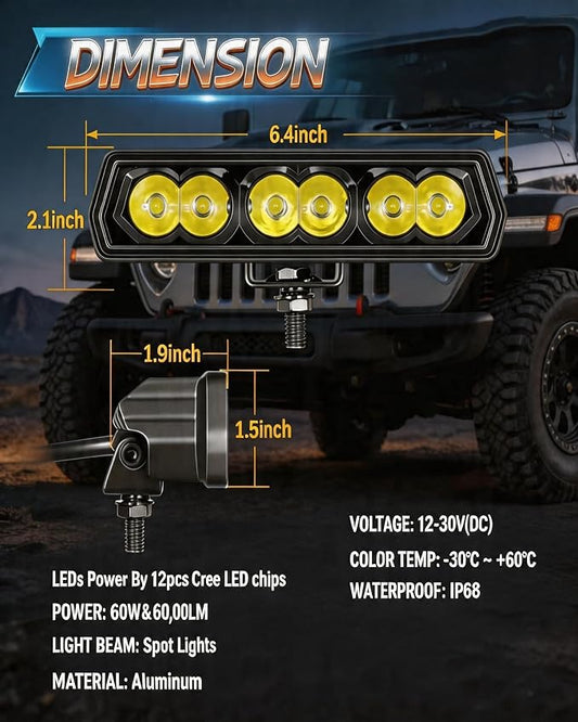 Yellow LED Light Bar 6 Inch 120W Driving Lights Backup Lighting LED Pods | 2PCS 120W Bumper Lights 30° Spot Beam Off Road Fog Lights for Truck SUV ATV UTV, IP68 Waterproof, DT Wiring Harness