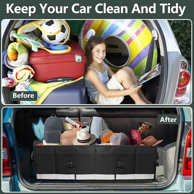 AOPHY Trunk Organizer for Car, 95L Large Capacity Storage with Non-Slip Bottom Strips and 2 Retractable Straps, Cargo Organizer for Suv, Truck, Sedan, Waterproof Portable Car Organizers for Women Men