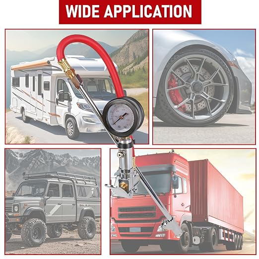 Tire Inflator with Tire Pressure Gauge, Extended Straight-on Air Chuck with 12 Inch Rubber Air Hose