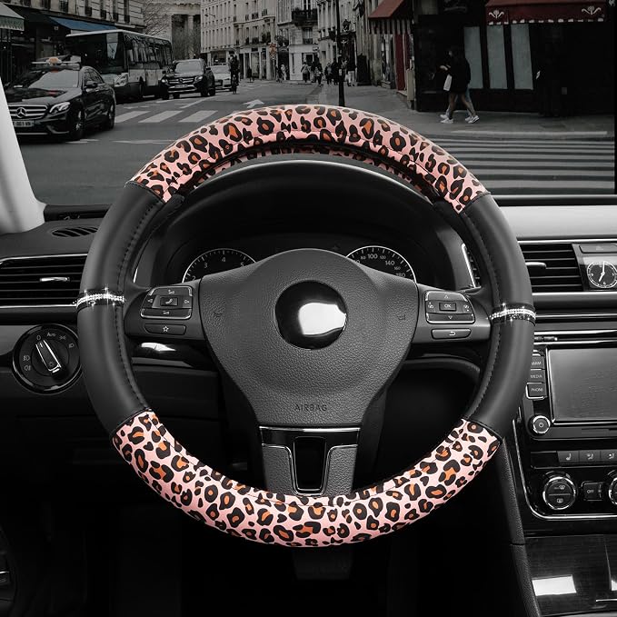 Road Comforts Leopard Steering Wheel Cover for Women, Cute Anti-Slip Microfiber Leather, Fits 14.5-15 Inch Steering Wheel 14.5-15 Inch - Black and Pink Cheetah