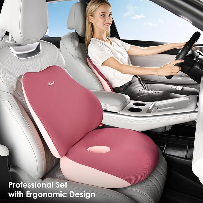 FLORICH Large Car Seat Cushion and Lumbar Support Pillow, Ergonomic Memory Foam Driving Seat Cushion for Back & Sciatica Pain Relief, Non-Slip Washable Seat Cushion for Car, Driver, Office-Pink
