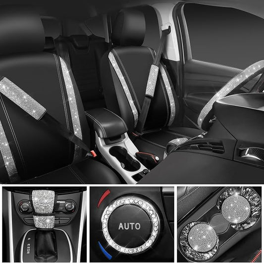 CAR PASS Bling Diamond Leather Car Seat Covers Sets 11 pcs,Bling Diamond Car Accessories for Women, Sparkly Rhinestone Steering Wheel Cover, Glitter Cute Interior Sets for Women Girl,Silver