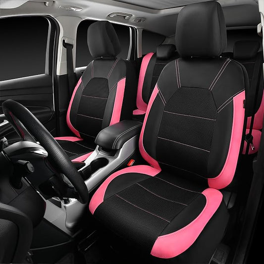 CAR PASS Leather Seat Covers, Breathable Universal Car Seat Cover Full Set for Cute Women Girly,Super 5mm Composite Sponge Inside,Airbag Compatible fits Most Auto,SUVs,Trucks,Vans(Black&Pink)