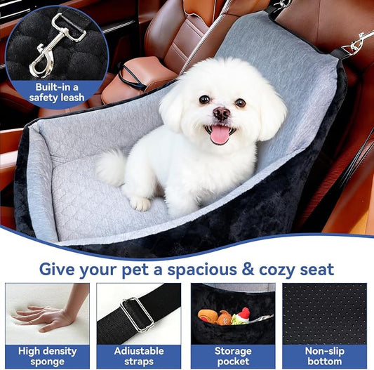 Dog Car Seat for Small/Medium Dogs Under 30lbs, Double-Sided Cooling & Warm Booster Seat, Detachable & Washable Elevated Pet Bed with Pockets, Anti-Slip Base for Front & Back Seats with Safety Leash