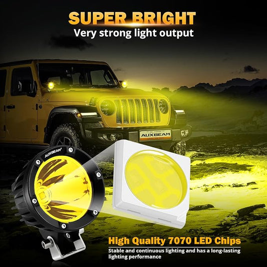 Auxbeam C4 Series LED Pods 4In 72W Amber Fog Light, Round Spot Offroad Light, 2PCS 7200LM Amber Light Pod with Wiring Harness Kit, Driving Light Yellow Ditch Light for Jeep Motor SUV ATV UTV Wrangler