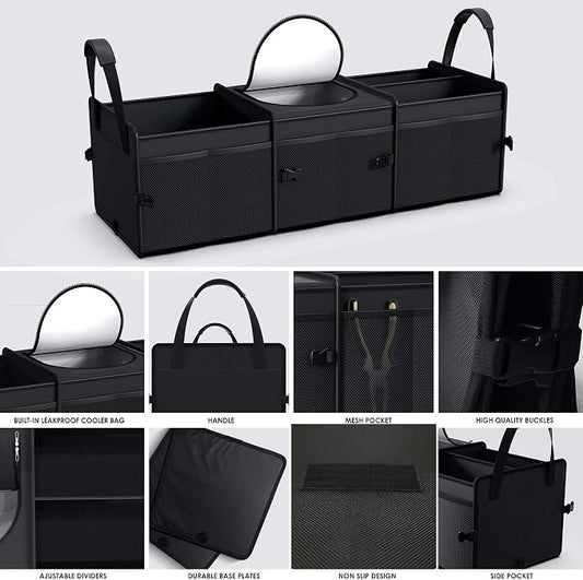 Trunk Organizer, 95L Capacity SUV Trunk Organizer with Cooler, 3 Compartments Heavy Duty Collapsible Car Storage Organizer for Truck, Van
