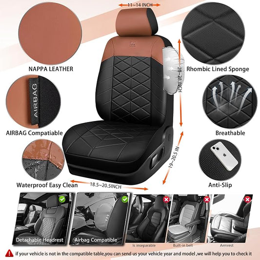 CAR PASS Memory Foam Leather Front Seat Covers, Waterproof Nappa Leather Seat Covers Front Seats Universal Fit for Cars,SUV,Truck Seat Covers Thick 3D Foam Comfortable, Airbag Compatible Black Brown