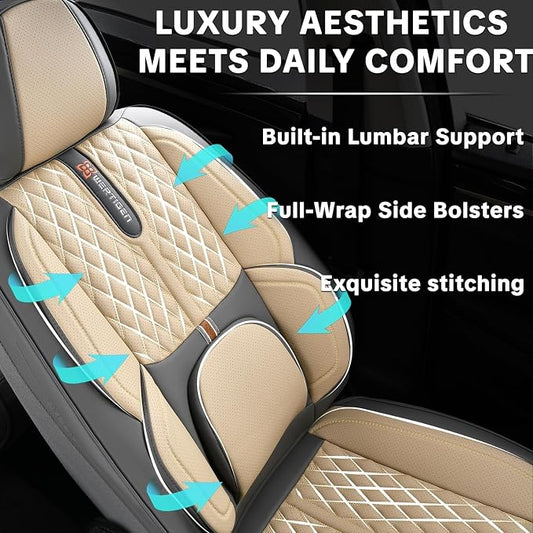 Khaki Car Seat Cover Complete Set, Universal Car Seat Cover for Car with Lumbar Support, Premium Artificial Leather, Waterproof and Easy to Clean, Airbag Compatible, Seat Heating Compatible
