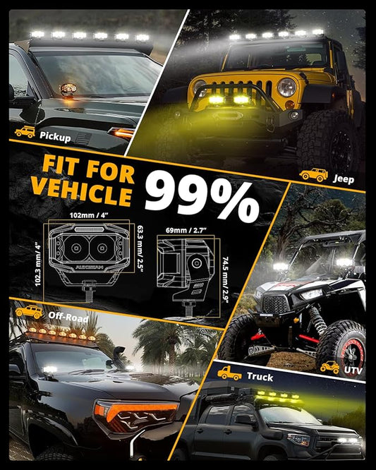Auxbeam V-MAX Series 4 Inch LED Pod Driving Lights, 72W Rectangle Side Shooter Offroad Cube Spotlights with Amber DRL, 270° Combo Beam 6 Modes White/Amber/Yellow Auxiliary Lights with Covers, Pair