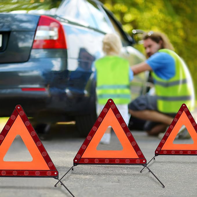 AYKRM 3PACK Car Warning Triangle Heavy Reflective Warning Road Safety Triangle Kit Suitable for car Breakdown and Temporary Parking on the Road.