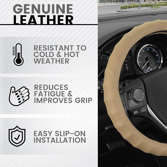 BDK Genuine Beige Leather Steering Wheel Cover for Car, Medium (14.5" - 15.5") – Ergonomic Comfort Grip for Men & Women, Universal Fit Car Steering Wheel Cover for Most Vehicles