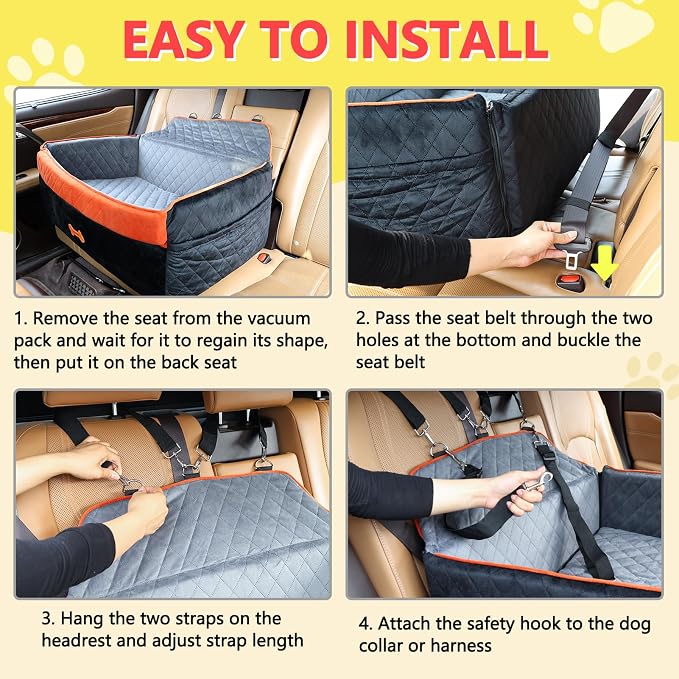 Dog Car Seat for Medium Large Dogs, Detachable Washable Pet Booster Seat with Memory Foam Cushion, Side Pockets, 2 Clip-On Safety Leashes Pet Car Seat for Dog Up to 60 lbs/2 Small Dogs-Black