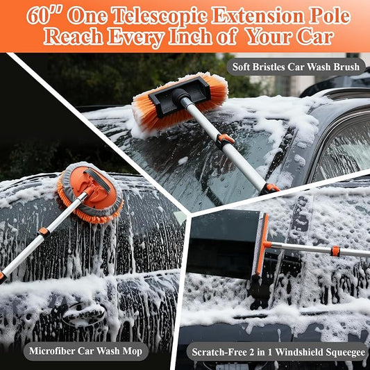 10Pcs 60" Car Wash Kit with Long Handle, Soft Extendable Car Wash Brush & Mop, Wheel & Tire Brush, 2-in-1 Window Squeegee, Microfiber Towel & Wash Mitt for Cars, SUVs, Trucks Exterior Cleaning