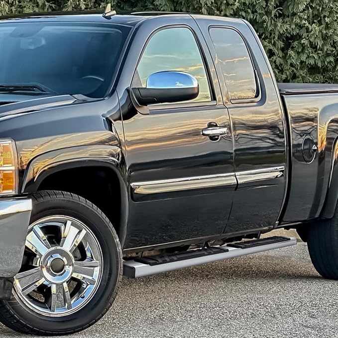 PM PERFORMOTOR 6.5" Running Boards Compatible with Chevy Silverado GMC Sierra 1500 2500 3500 Extended Cab 1999-2014, Pair of Stainless Steel Side Rails Step Bars with 6 pcs Brackets, Polished Black