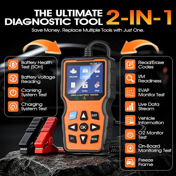 OBD2 Scanner with Battery Tester, 2-in-1 Design 1-Sec Read/Clear Check Engine Code Reader, 12V Car Battery Health & Charging System Analyzer, Universal Auto Diagnostic Tool for 1996+ Cars
