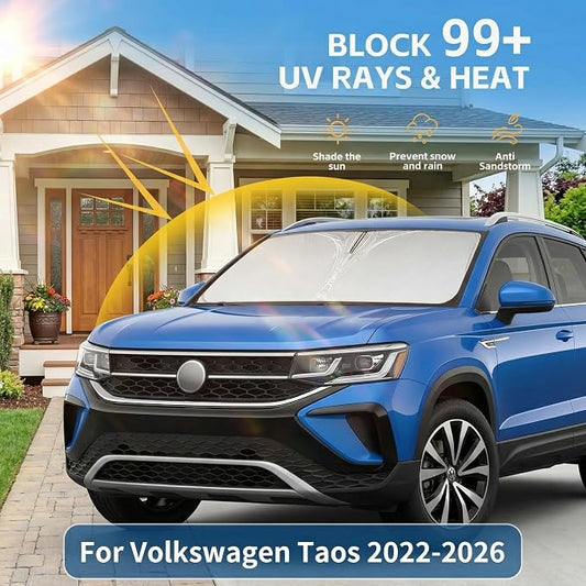 Windshield Sun Shade for Volkswagen Taos 2022-2025 2026 Sunshade Front Window Shade Custom Fit Taos Accessories Sun Visor Foldable Shade Blocks UV Rays Accessories