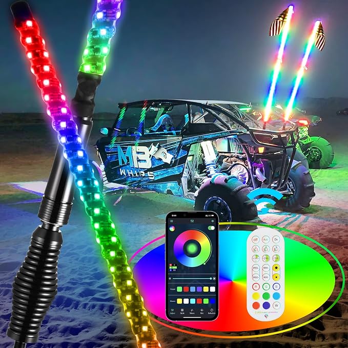 2 Pack 4FT Whip Lights with Spring Base,LED Whip Light with App & Remote Control, Spiral RGB Chasing Lighted Whips with Rocker Switch, Music Whip Light for UTV ATV Polaris RZR Can-Am SXS Truck
