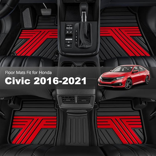 Floor Mats Fit for Honda Civic Sedan 2016-2021 & Hatchback 2017-2021 & Coupe 2016-2020, All Weather Custom Fit Anti-Slip Car Mats for Civic, 1st & 2nd Row, Black & Red