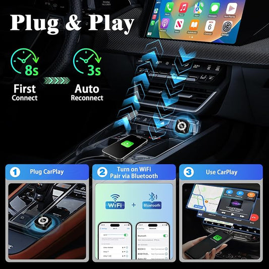 4-in-1 Wireless CarPlay Screen Mirroring Adapter for Apple CarPlay/Android Auto, 2026 Upgraded AirPlay MirrorLink Adapter, CarPlay Dongle Convert Wired to Wireless, Type C Extension, Plug & Play