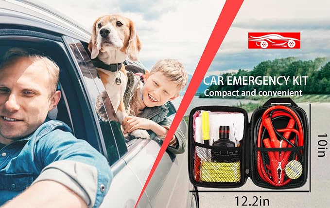 HAIPHAIK Car Roadside Emergency Kit, with Jumper Cables Automotive Kit,Car Safety Roadside Assistance Kit Headlamp,Tow Straps,Screwdrivers, Rainwear, Gloves.Red