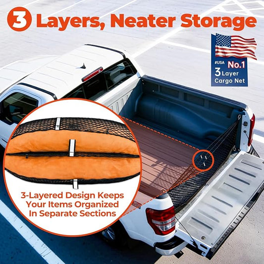 3-Layer Cargo Net for Toyota 4Runner (2-Row) 2010-2024, Zoned Storage Trunk Net with Foldable Zippered Bottom Bag, Heavy-Duty Cargo Organizer Netting for Camping, Trips & Everyday Use