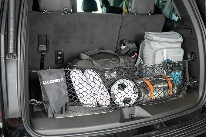 TacoNets Envelope Cargo Net for Suburban | Tahoe | Yukon/XL | Escalade/ESV - Fits 2015-Current - Upgraded 5mm Bungee - Integrated Storage Bag - Heavy Duty Hooks - Designed in USA