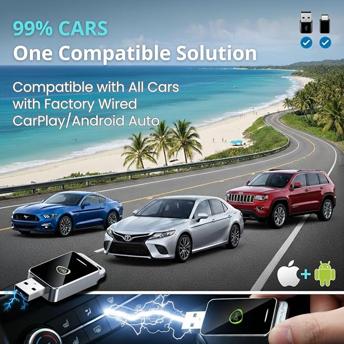2-in-1 Wireless CarPlay & Android Auto Adapter (2026 Upgraded WiFi 6-BT 5.4) Wired to Wireless Converter | Multi-User Seamless Connection | Easy Setup-Plug & Play | Auto Reconnect | Cars from 2015+
