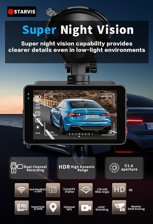 4K Dash Cam Front and Rear, G-Sensor, Free 64GB Card Included, 5.8GHz WiFi with Dash Camera for Cars, Time-Lapse Recording, 3" HD IPS, 24H Parking Mode,Night Vision