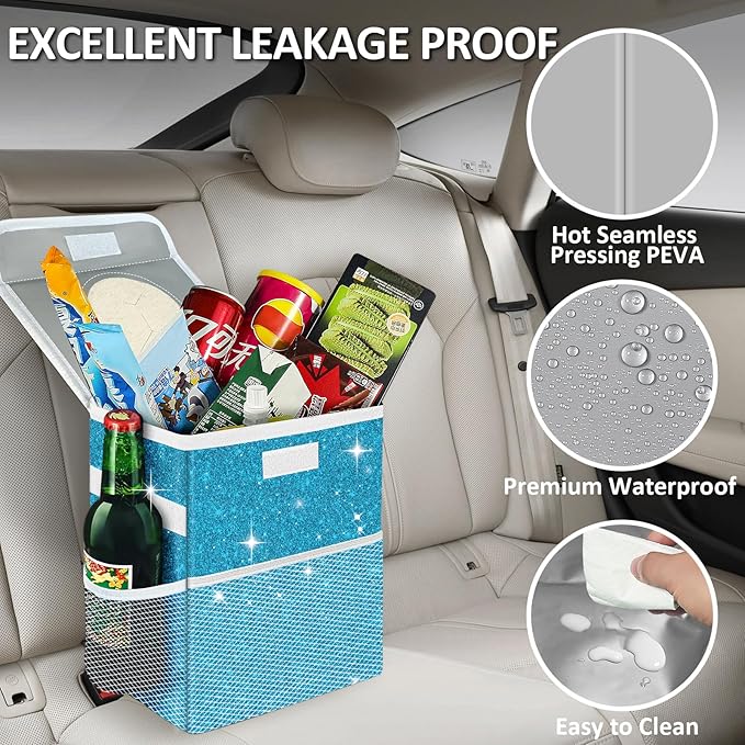 Car Trash Can for Car, Cute Mini Car Trash Bag with Lid, Glitter Car Garbage Can Bin Hanging for Back/Front Seat/Console, Waterproof, Leakproof, 2.5 Gallon, Blue Bling Sparkly