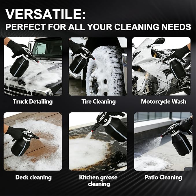 Electric Foam Sprayer,2L Portable Rechargeable Cordless Pressurized Spray Foam Cannon, Easy Clean & Acid Resistant for Car Wash Detailing Garden Black (Electric Foam Sprayer 2.0)
