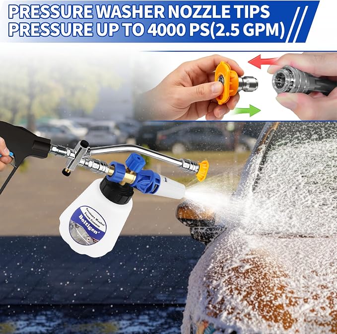 Boltigen Foam Cannon Dual Connector Accessory, 1/4" Quick Connect Switch Double Tip Attachment, Pressure Washer Extension Wand Accessory Kit, with 7 Pressure Washer Nozzle Tips, 4000 PSI