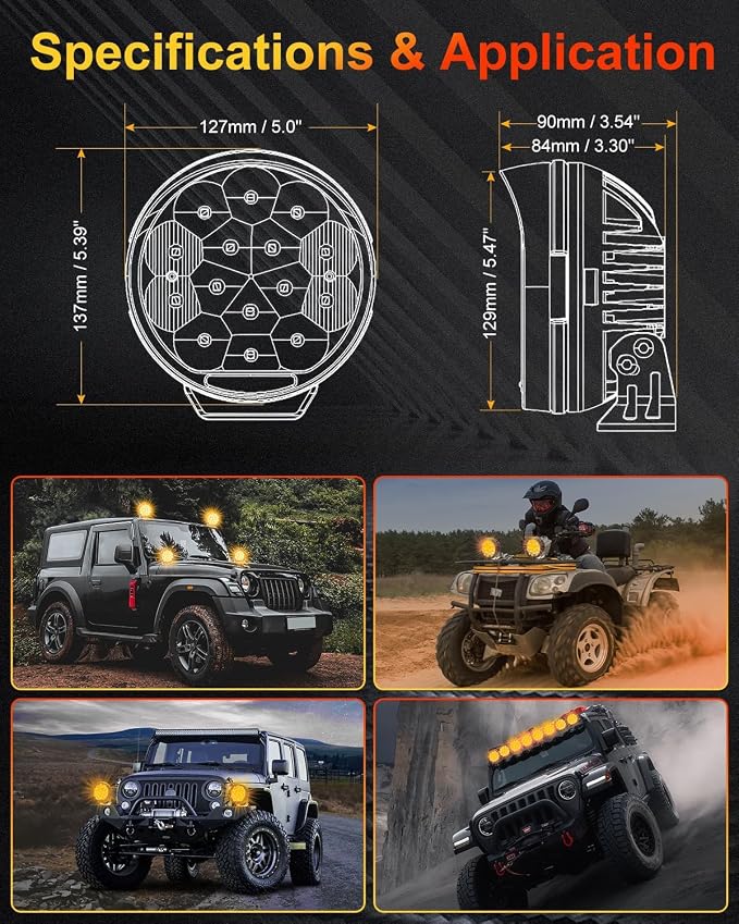 5 Inch LED Pods with Side Shoote, Super Bright 34000LM Yellow Flood Spot Combo Beam LED Driving Light Bar w/Amber DRL, 360° Wide Range Off Road Light w/Wiring Harness Kit - 2Pack